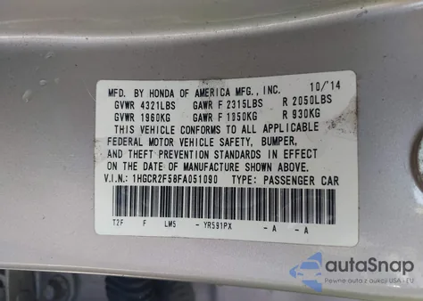2015 Honda Accord Sport from USA, damaged, VIN 1HGCR2F58FA051090